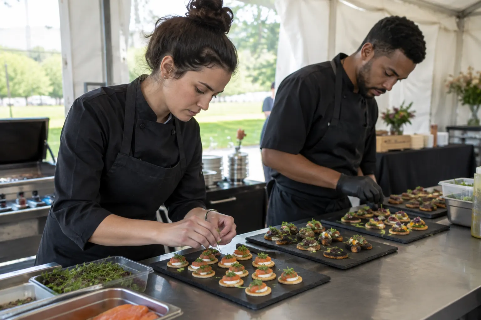 Two caterers plating small appetizers on slate boards
