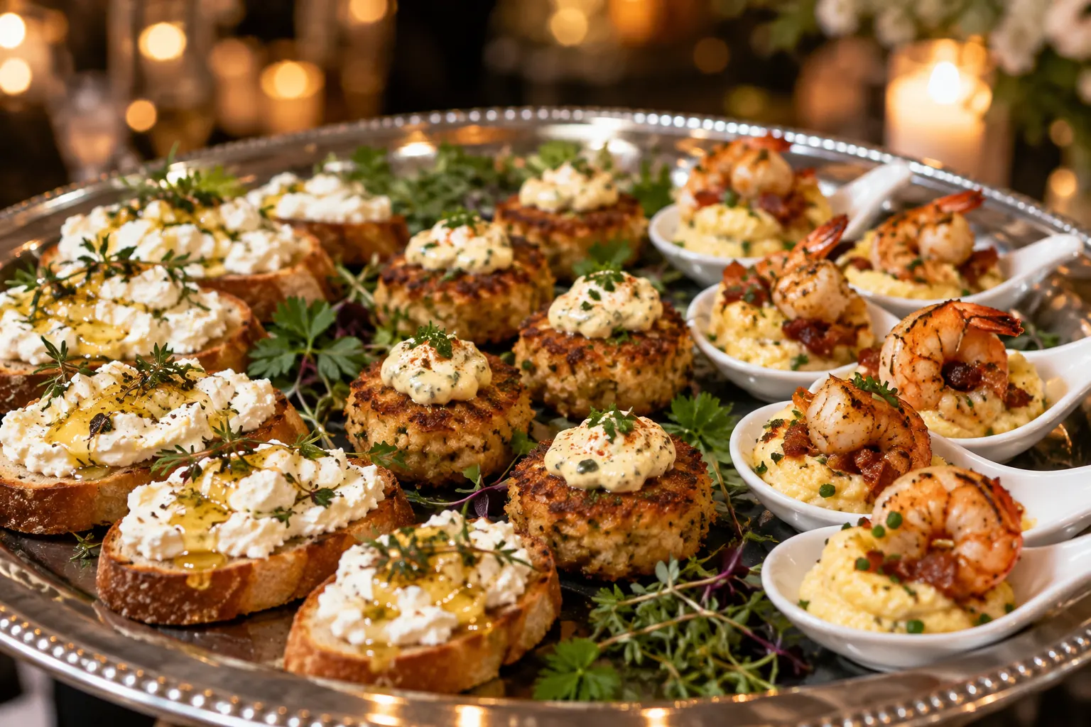 A silver tray of crab cakes, whipped feta crostini and shrimp and grits bites