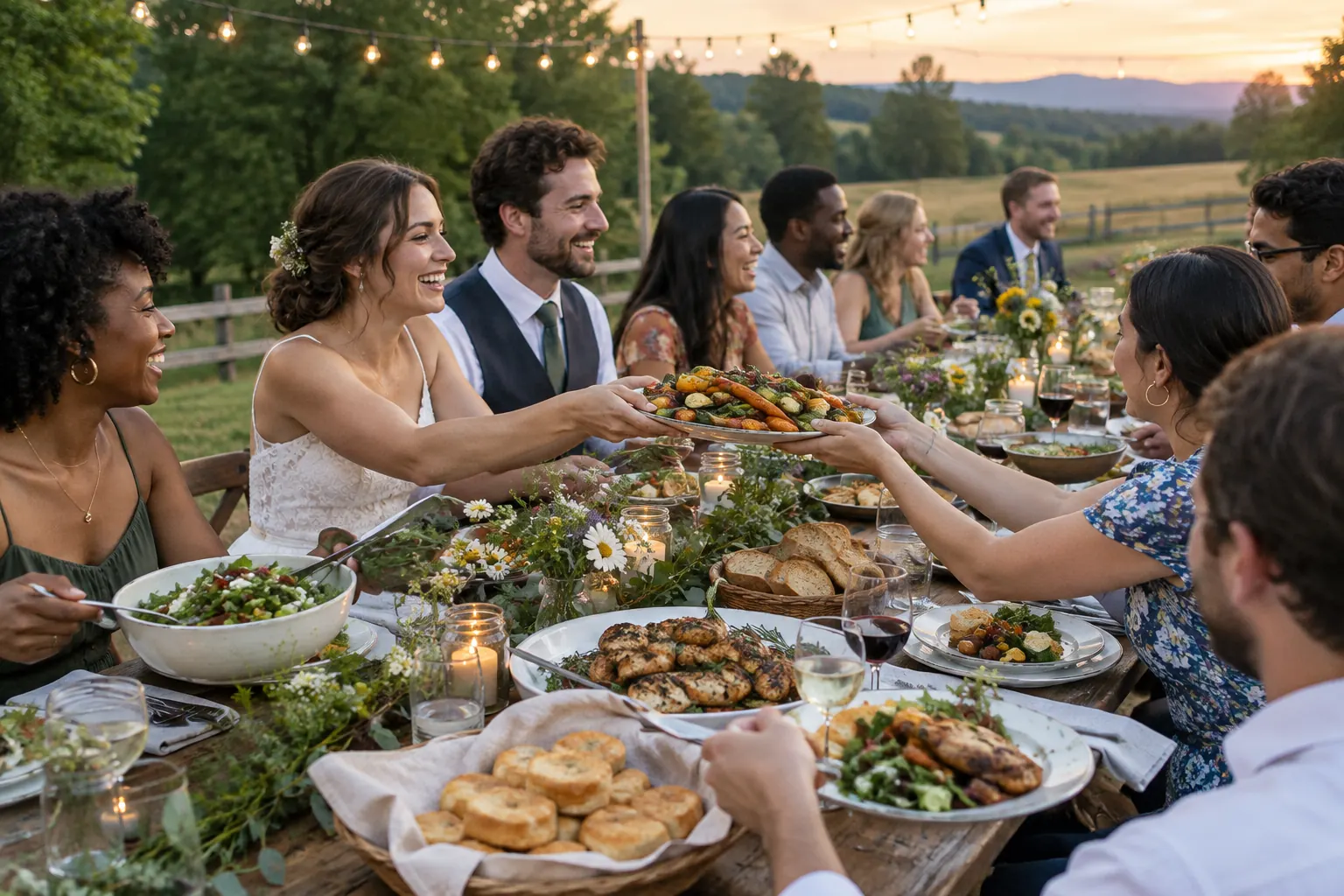 Wedding guests passing platters along a long farm table under string lights