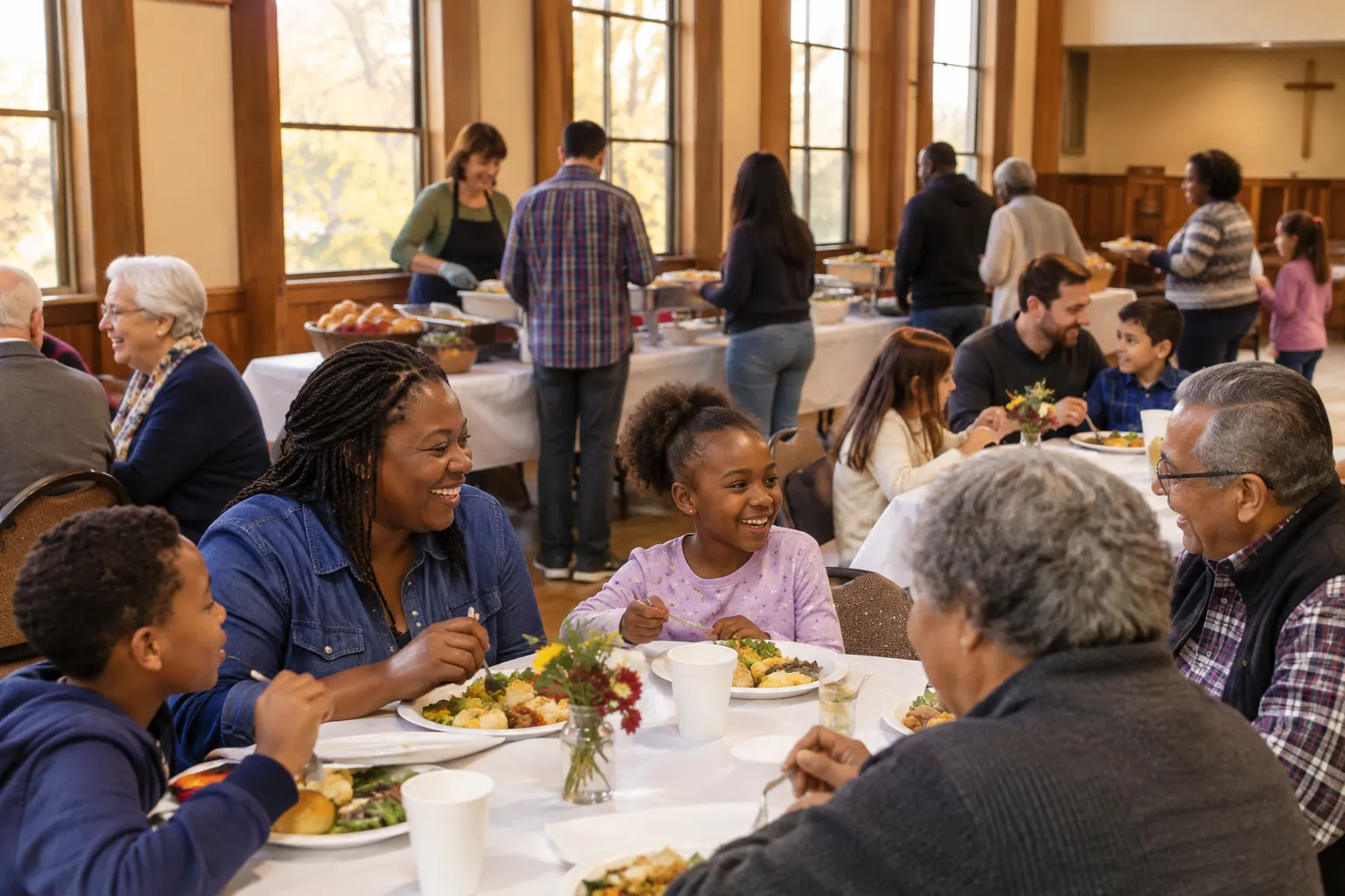 Families sharing a meal at round tables in a church fellowship hall