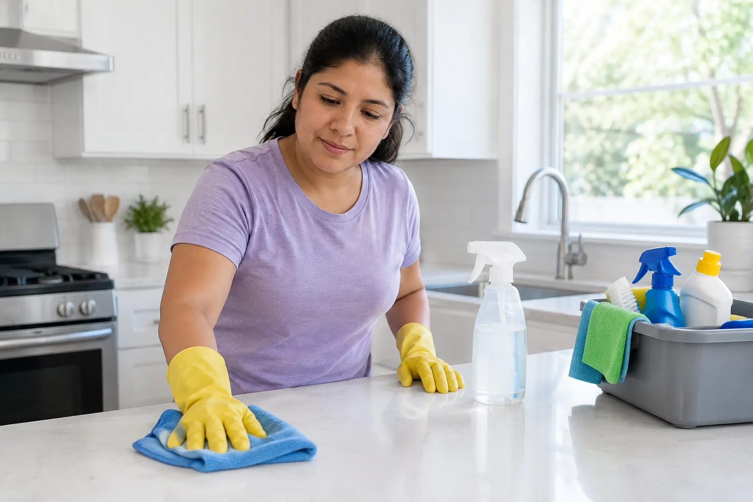A cleaner wiping down a kitchen counter