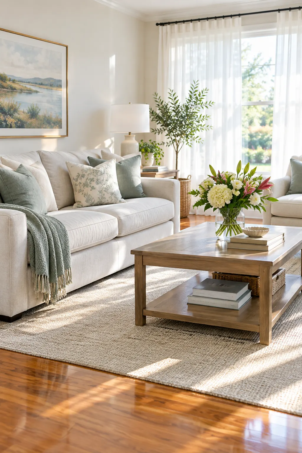 A bright, tidy living room with fresh flowers