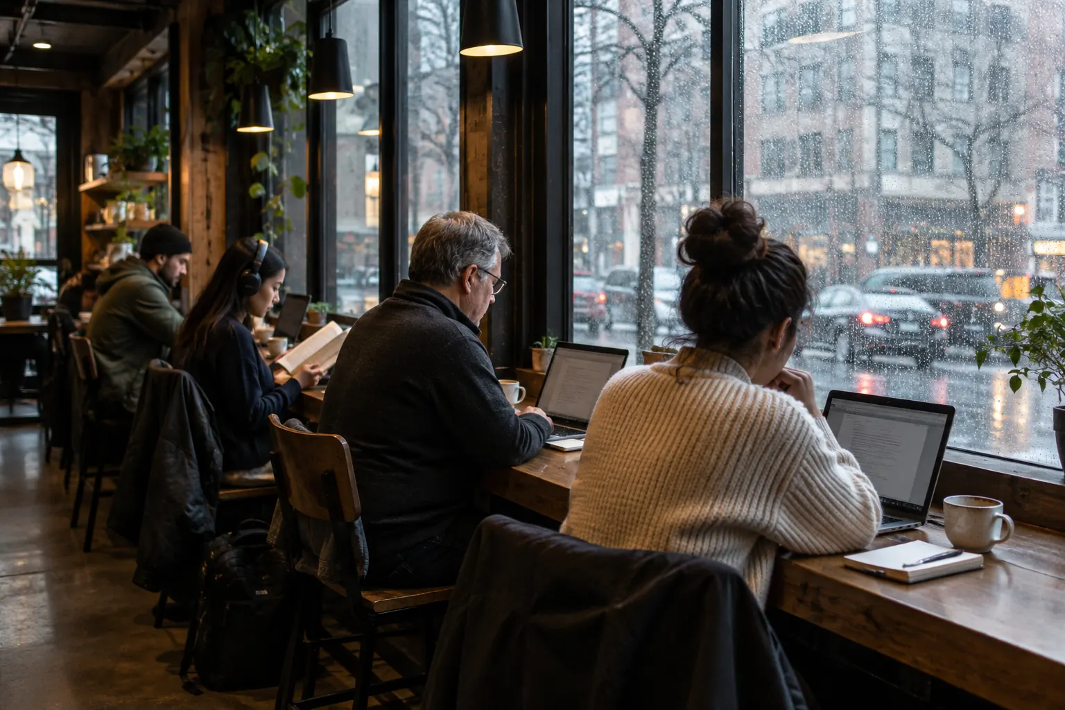 People working on laptops at a long window bar on a rainy morning