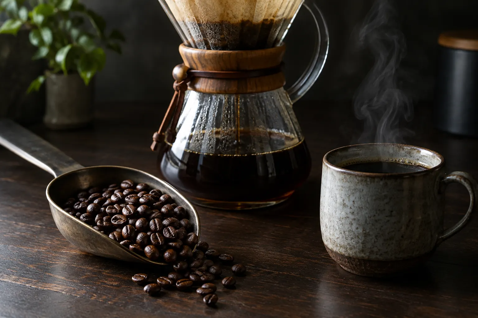 Roasted coffee beans in a scoop next to a glass pour over brewer