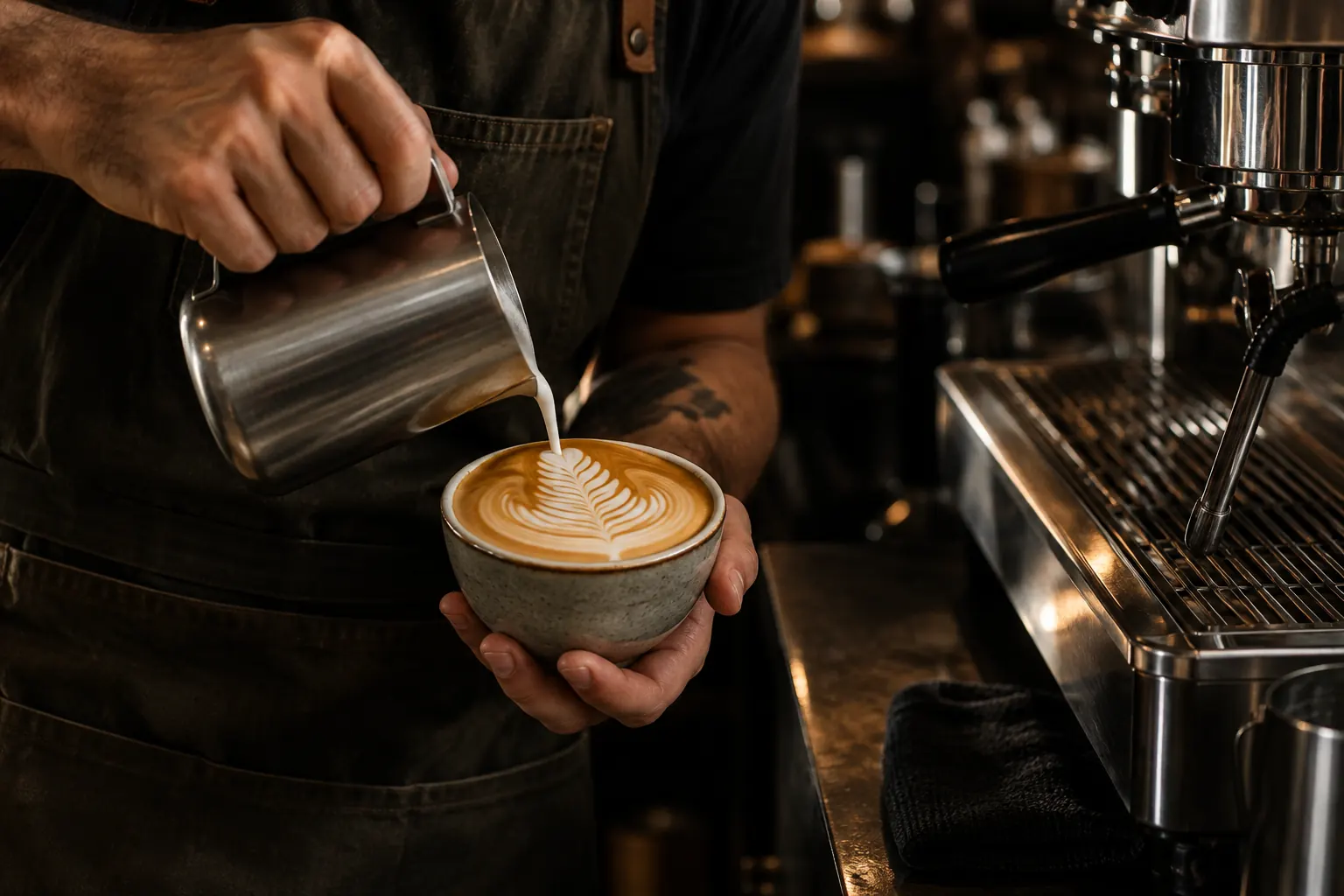 A barista pouring latte art into a ceramic cup next to the espresso machine