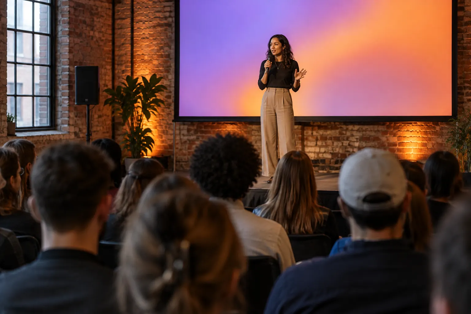 A speaker on stage in a brick hall in front of a full audience