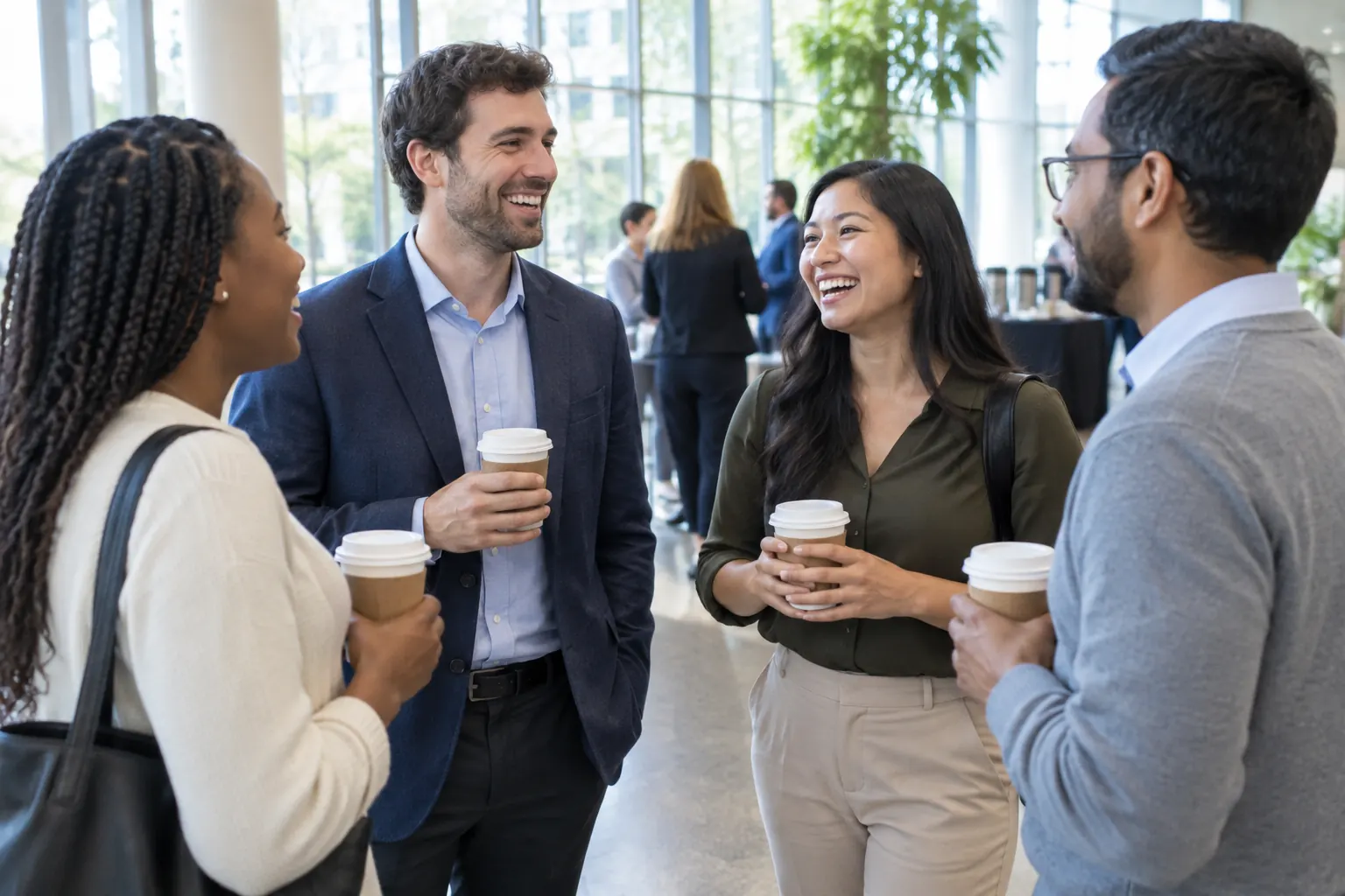Four attendees laughing over coffee during a break