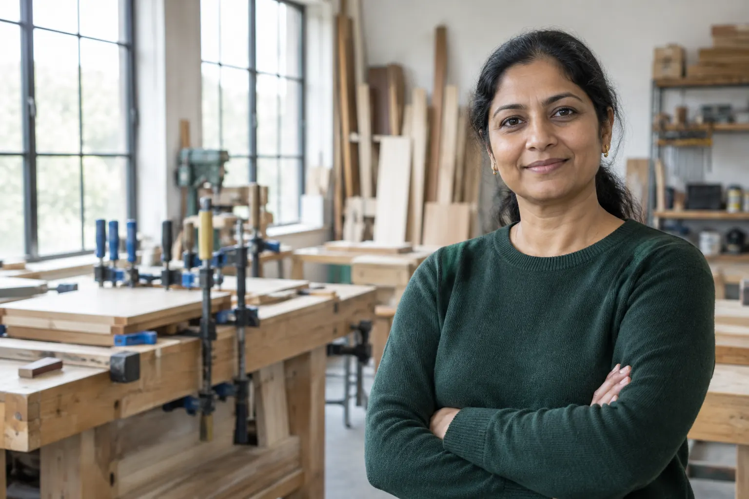 Priya Raman standing in a furniture workshop