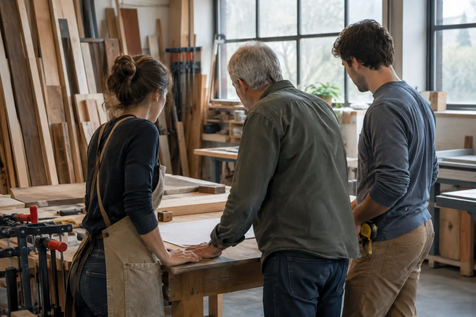 Priya and two shop leads planning a job at a workbench