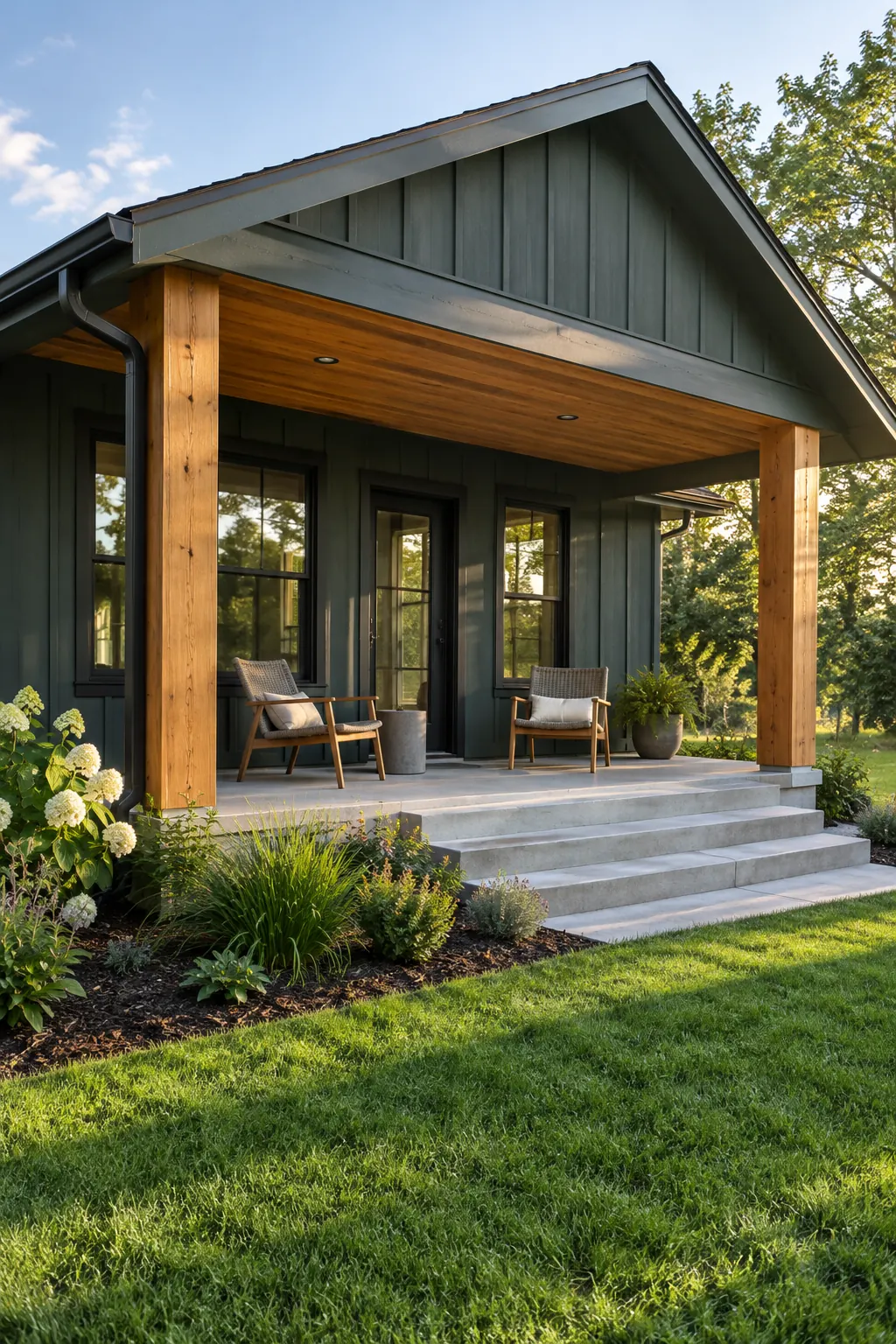 New covered porch with cedar posts and dark green siding