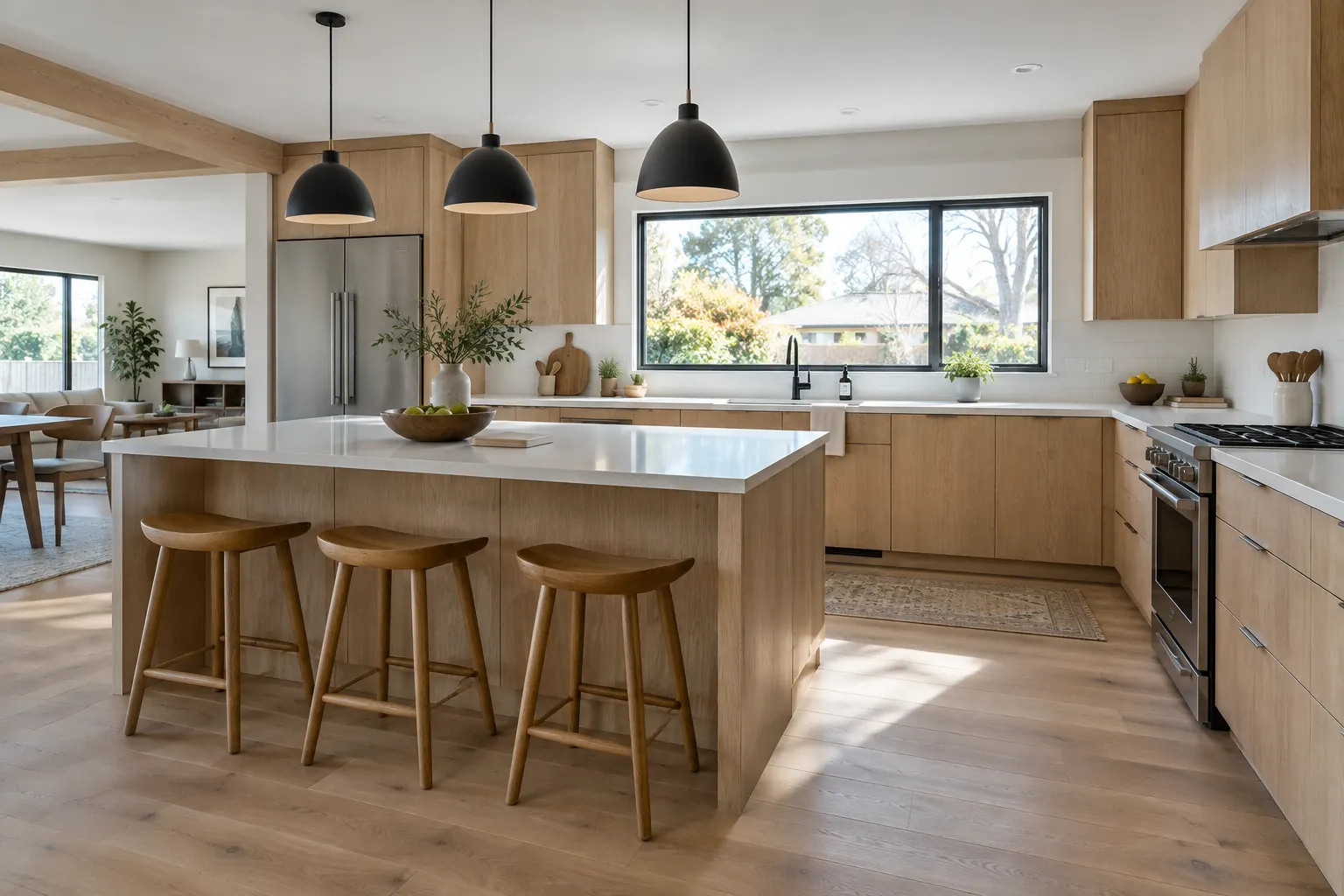 Remodeled kitchen with white oak cabinets and a large island