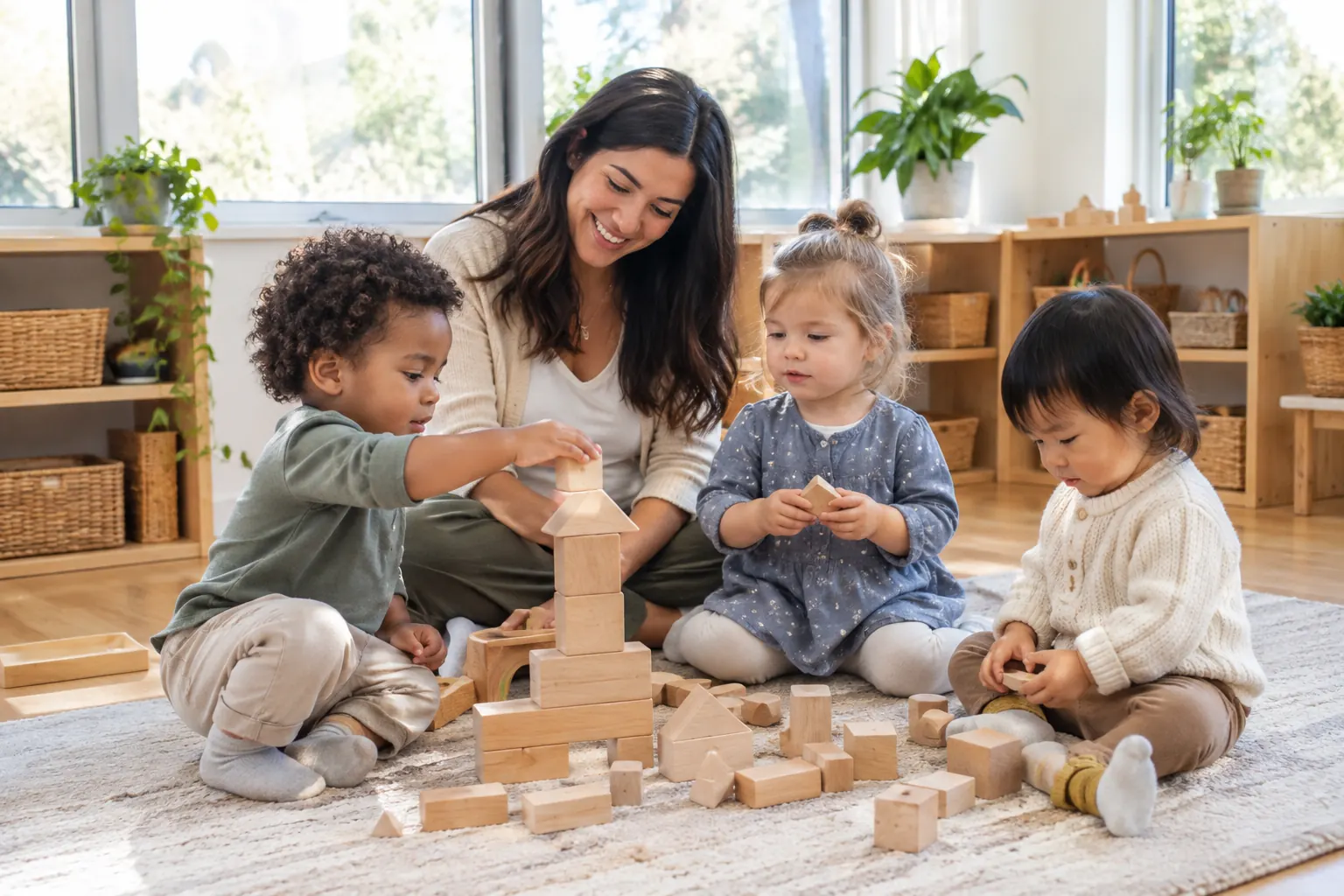 A teacher building a tower of wooden blocks with three toddlers