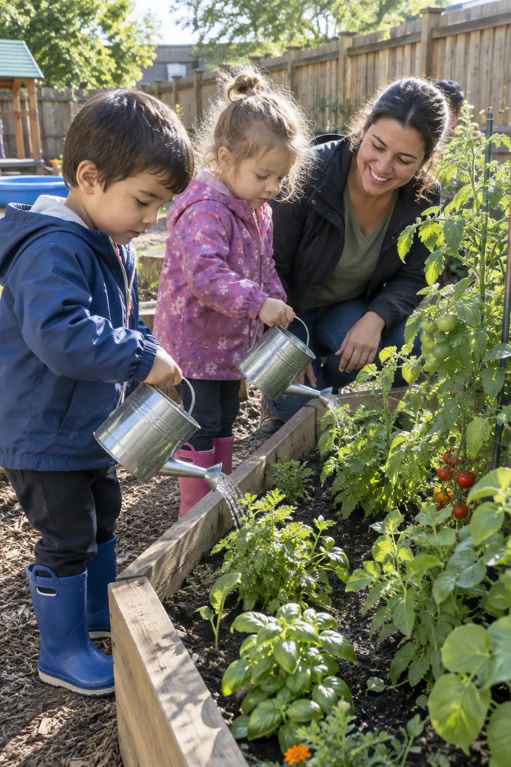 Two toddlers watering a vegetable garden with their teacher