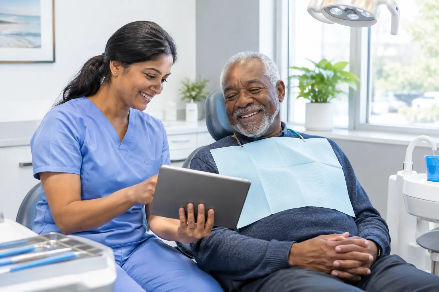 A dentist showing a smiling older patient his x-rays on a tablet