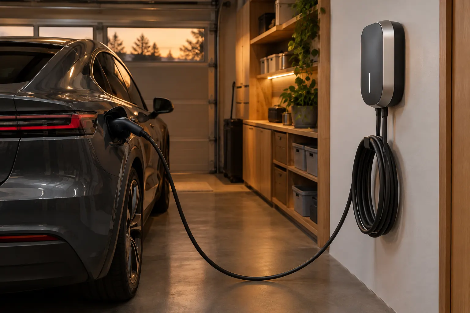 An electric car charging from a wall charger in a home garage