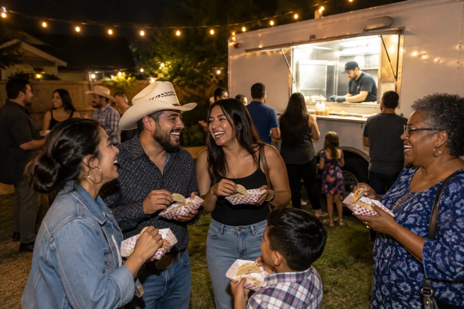 Guests laughing and eating tacos at a backyard party next to a food truck