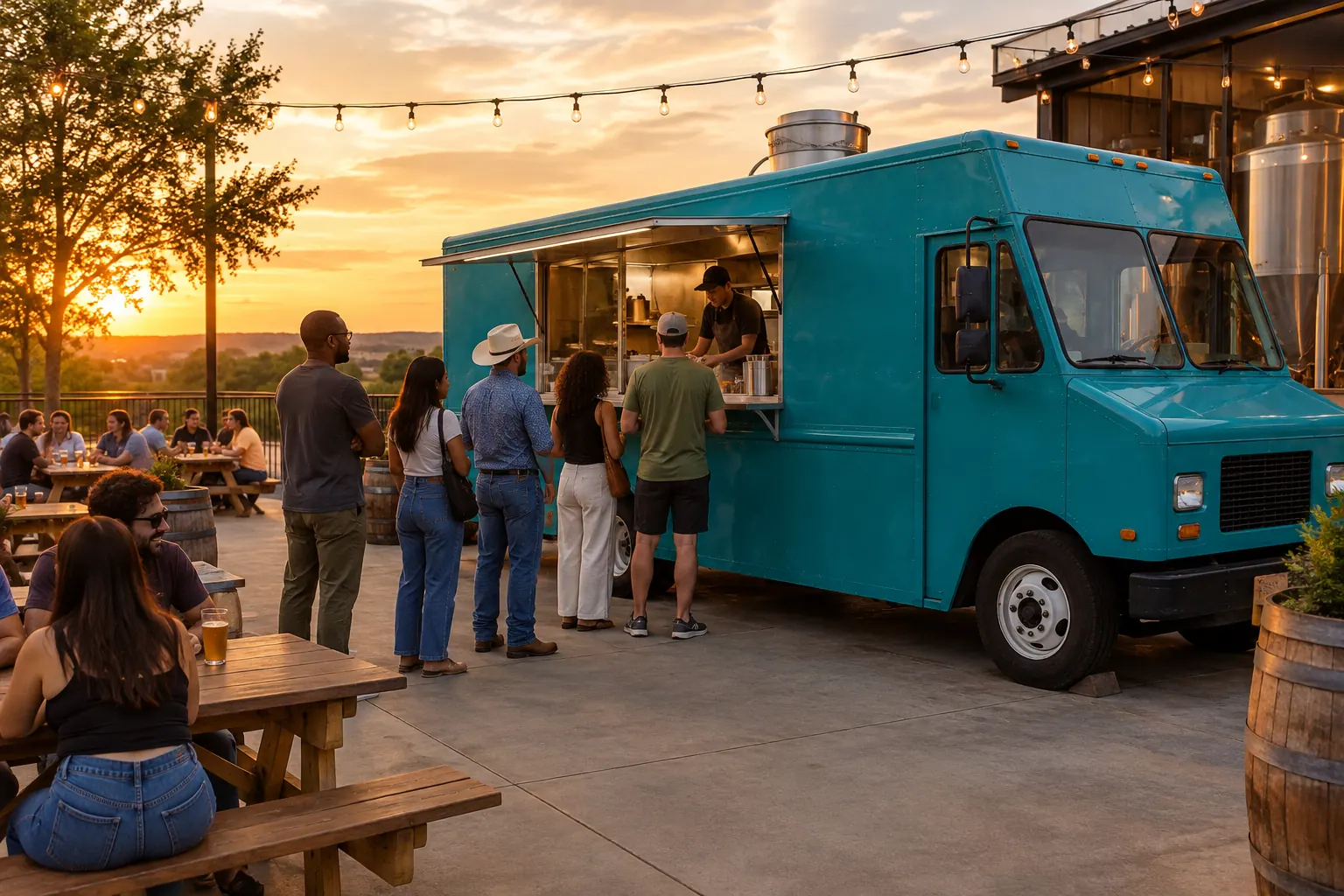 Customers lining up at a teal food truck on a brewery patio at sunset