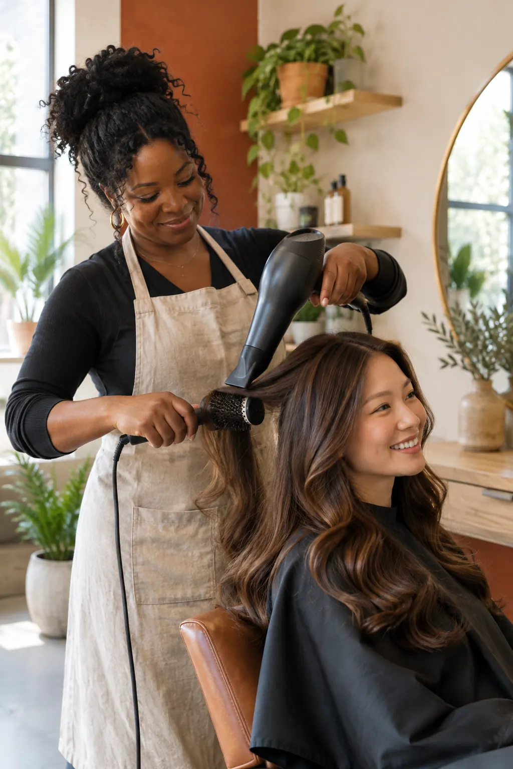A stylist blow-drying a smiling client with a round brush
