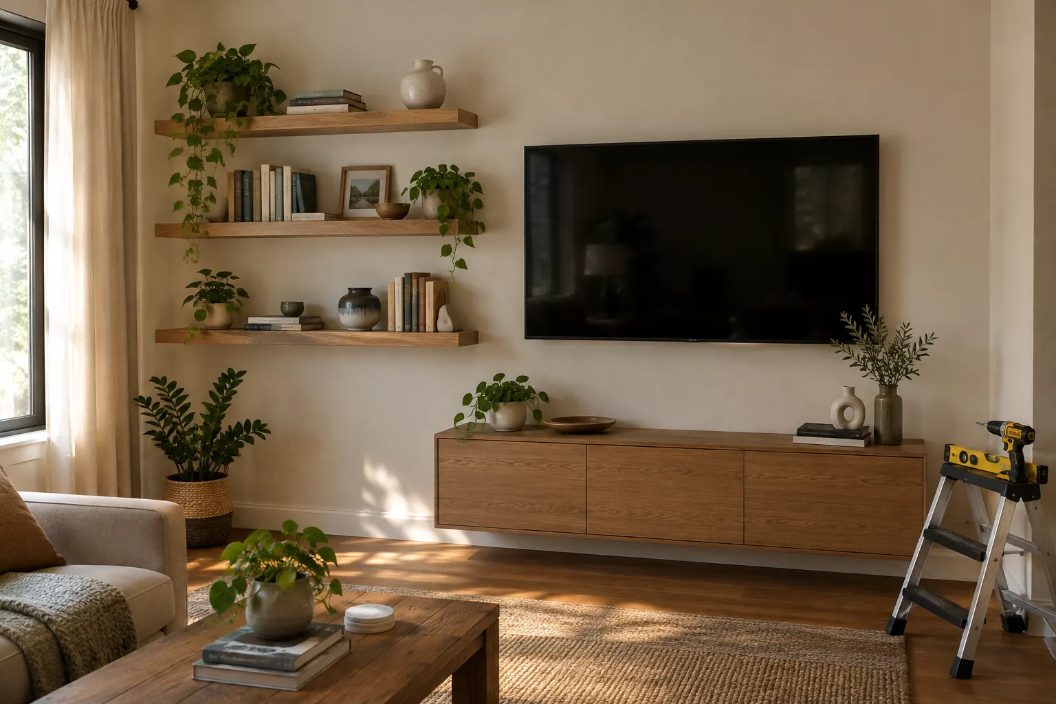 Floating shelves and a wall-mounted TV in a sunny living room