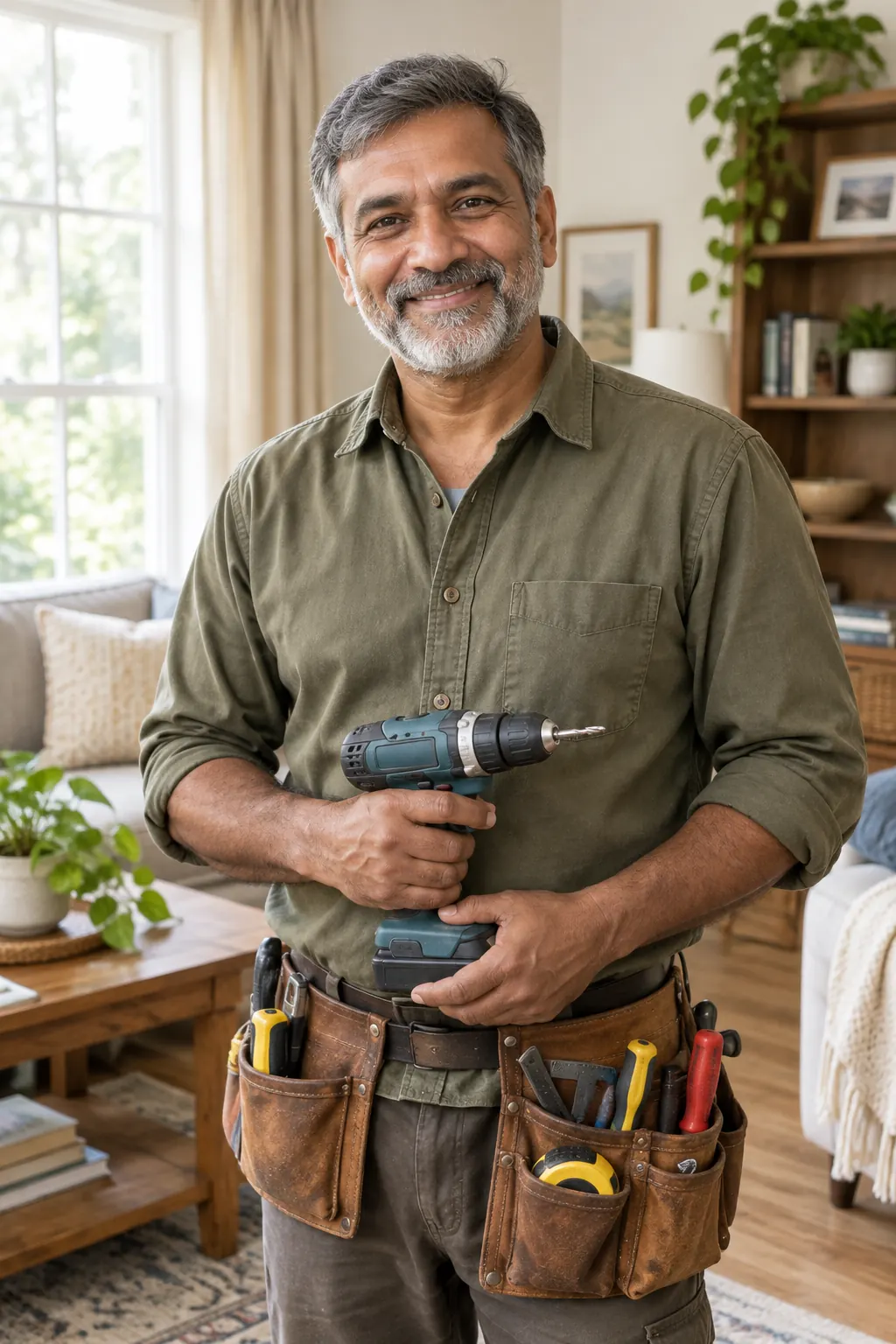 Dev Mehta holding a drill, wearing a tool belt