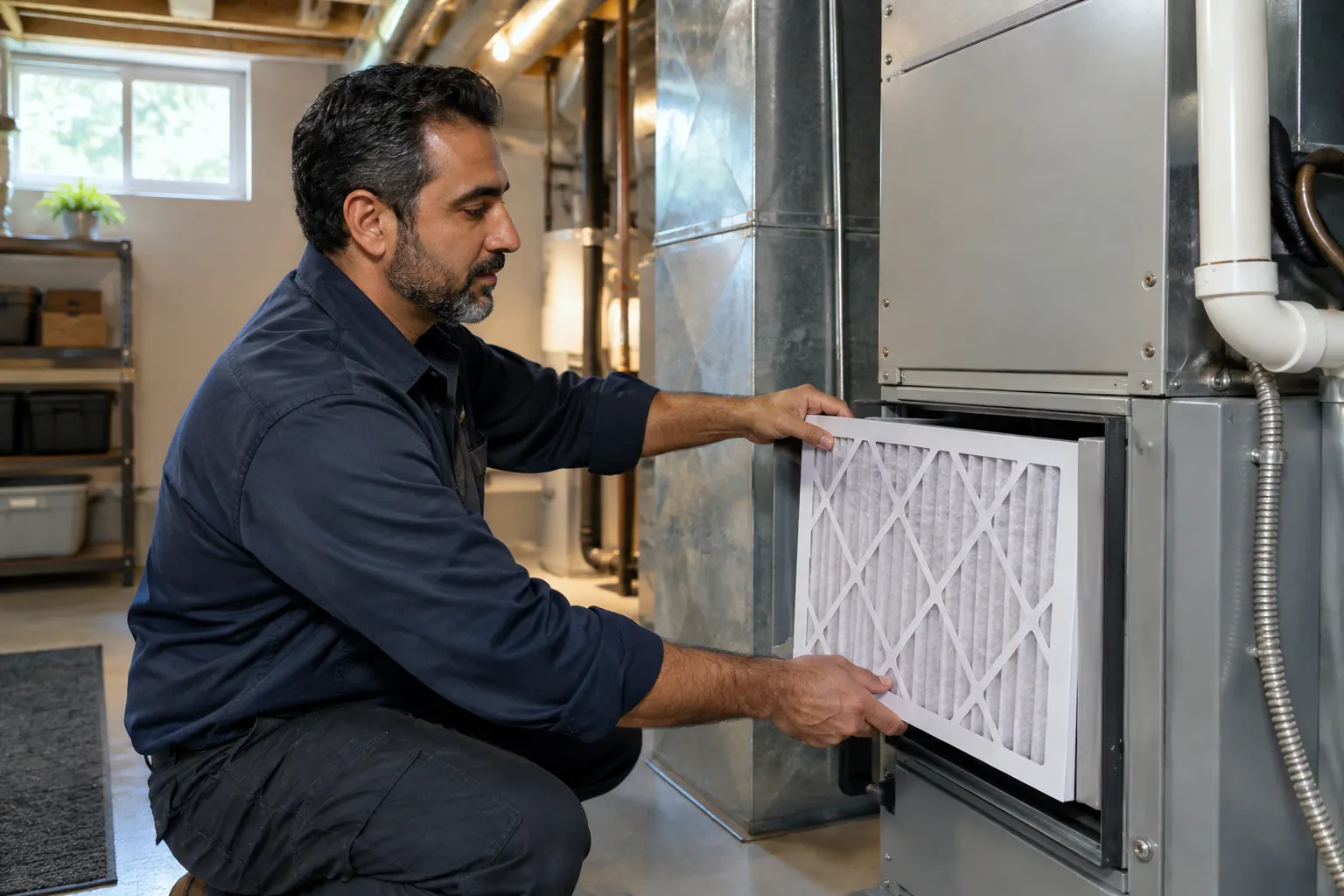A technician sliding a new air filter into a furnace