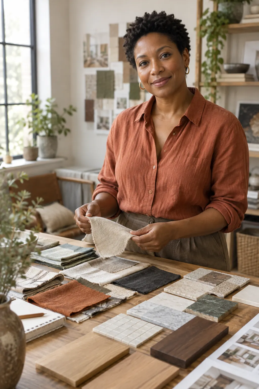 Interior designer holding a fabric sample at a table of swatches