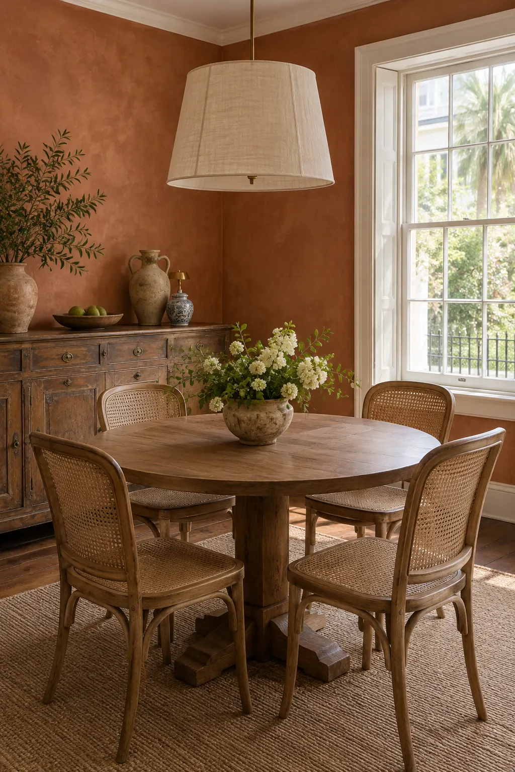 Dining room with clay-colored walls, a round oak table and cane chairs
