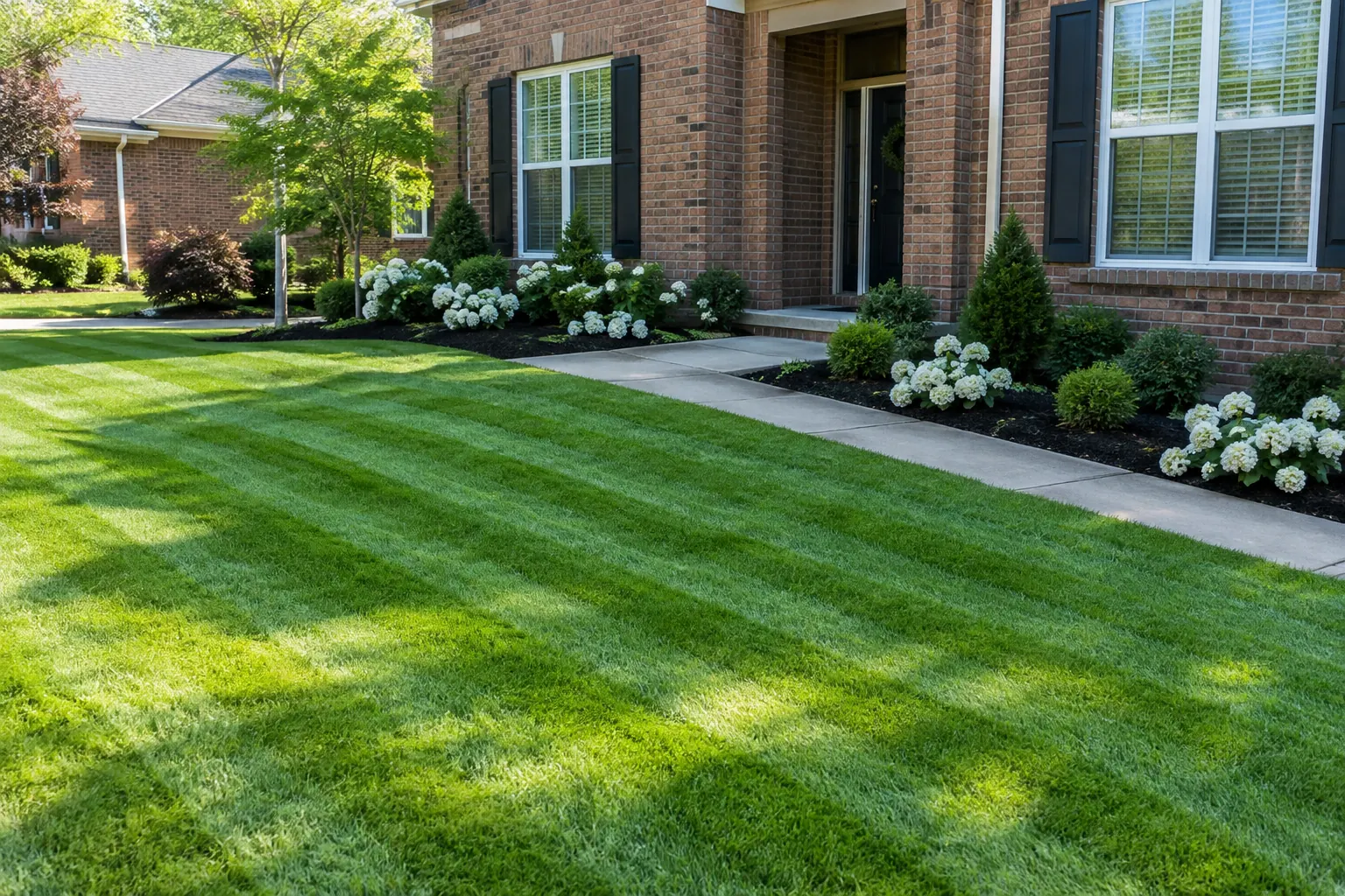A brick house with a striped lawn and new beds