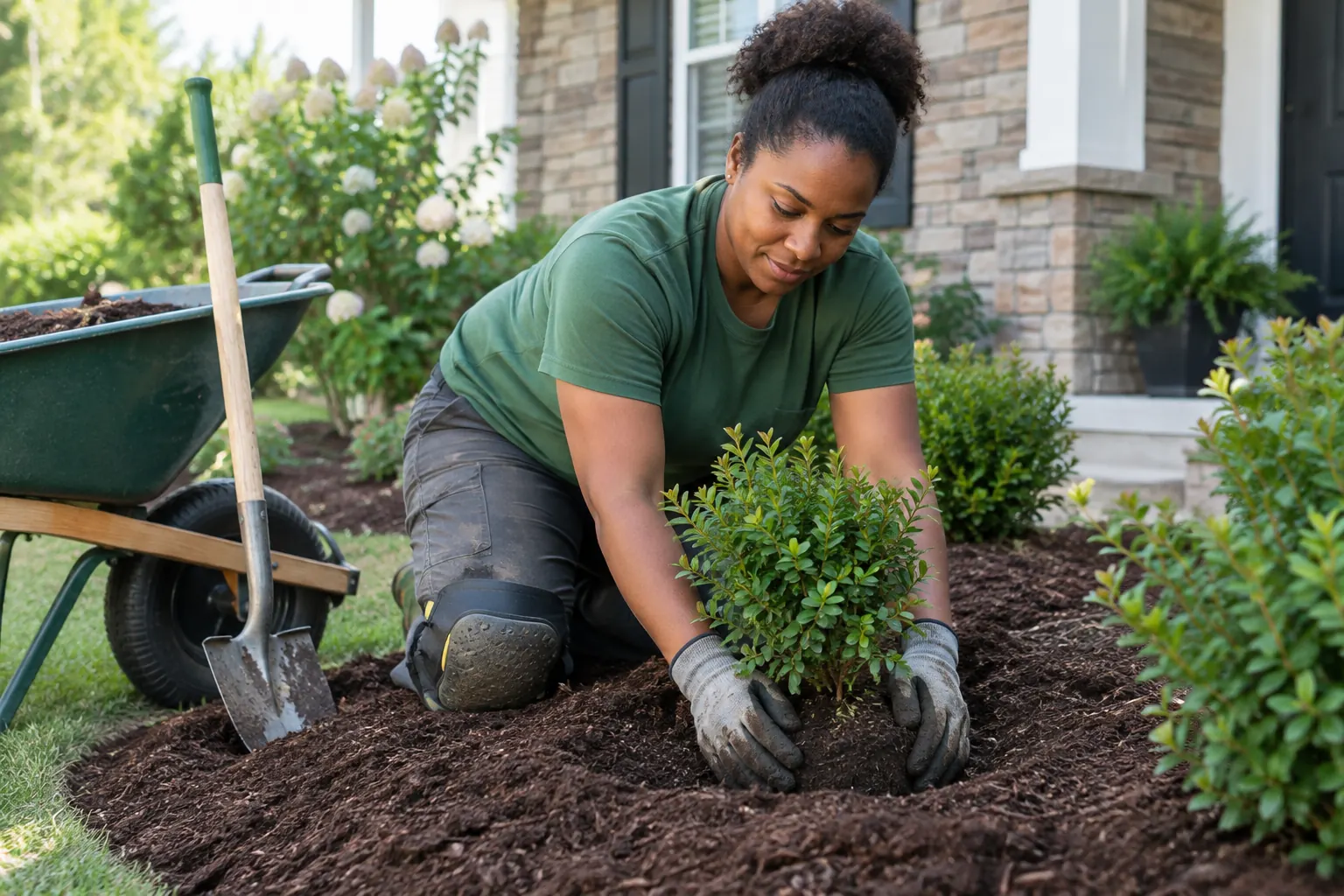 Keisha Brooks planting a boxwood shrub in a fresh mulch bed