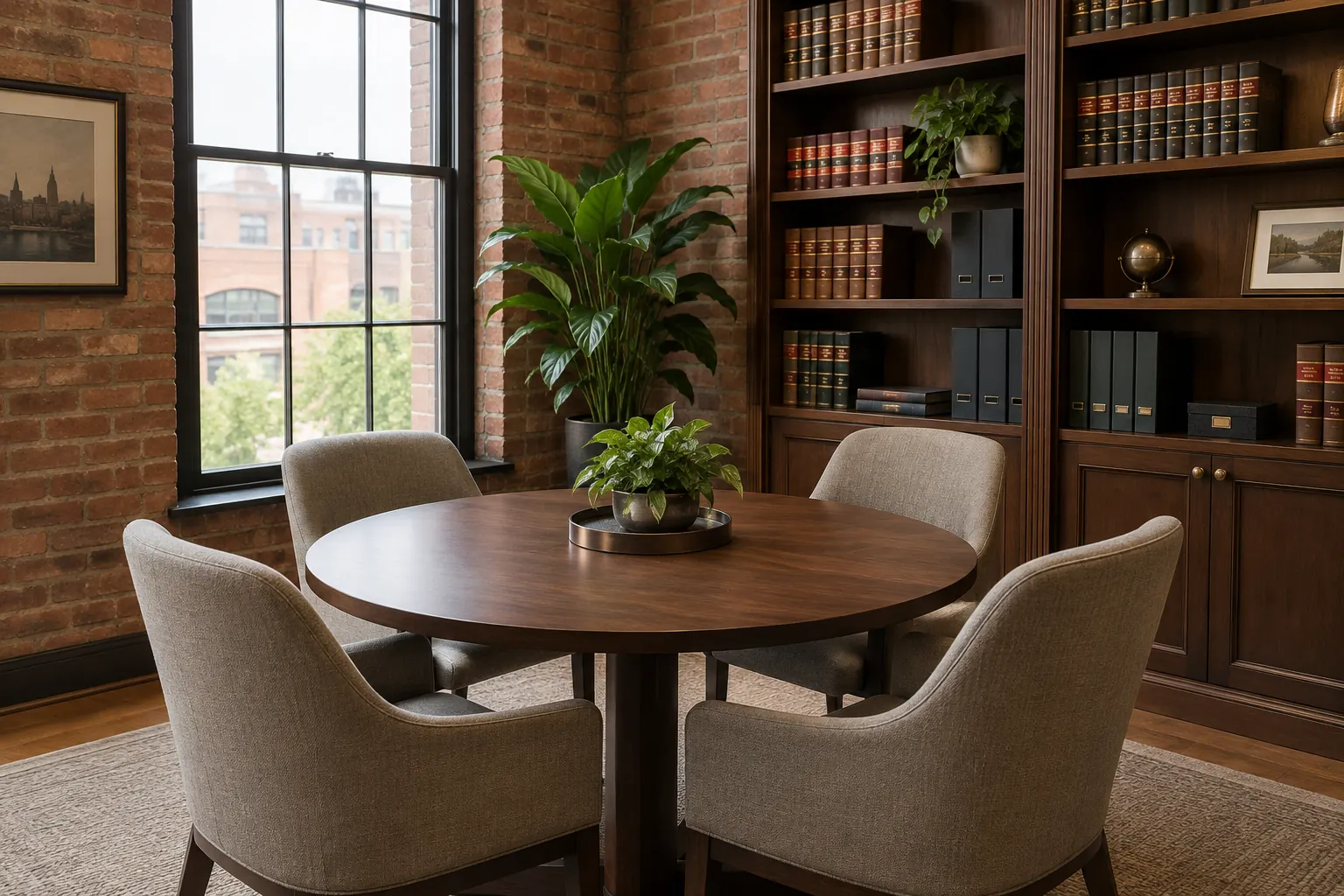 A meeting room with a round table, four chairs and shelves of law books