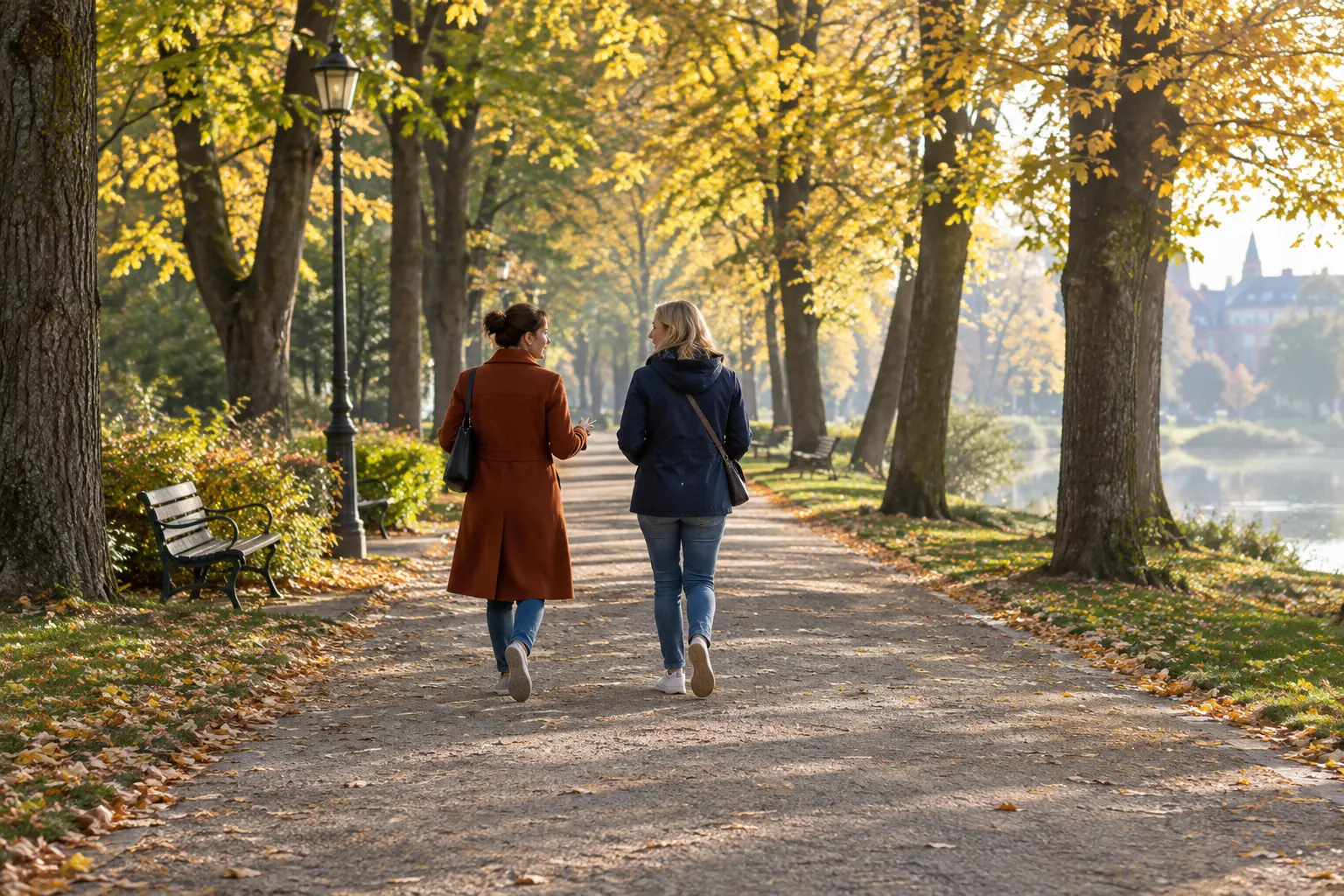 Two women talking on a walk through a park in autumn