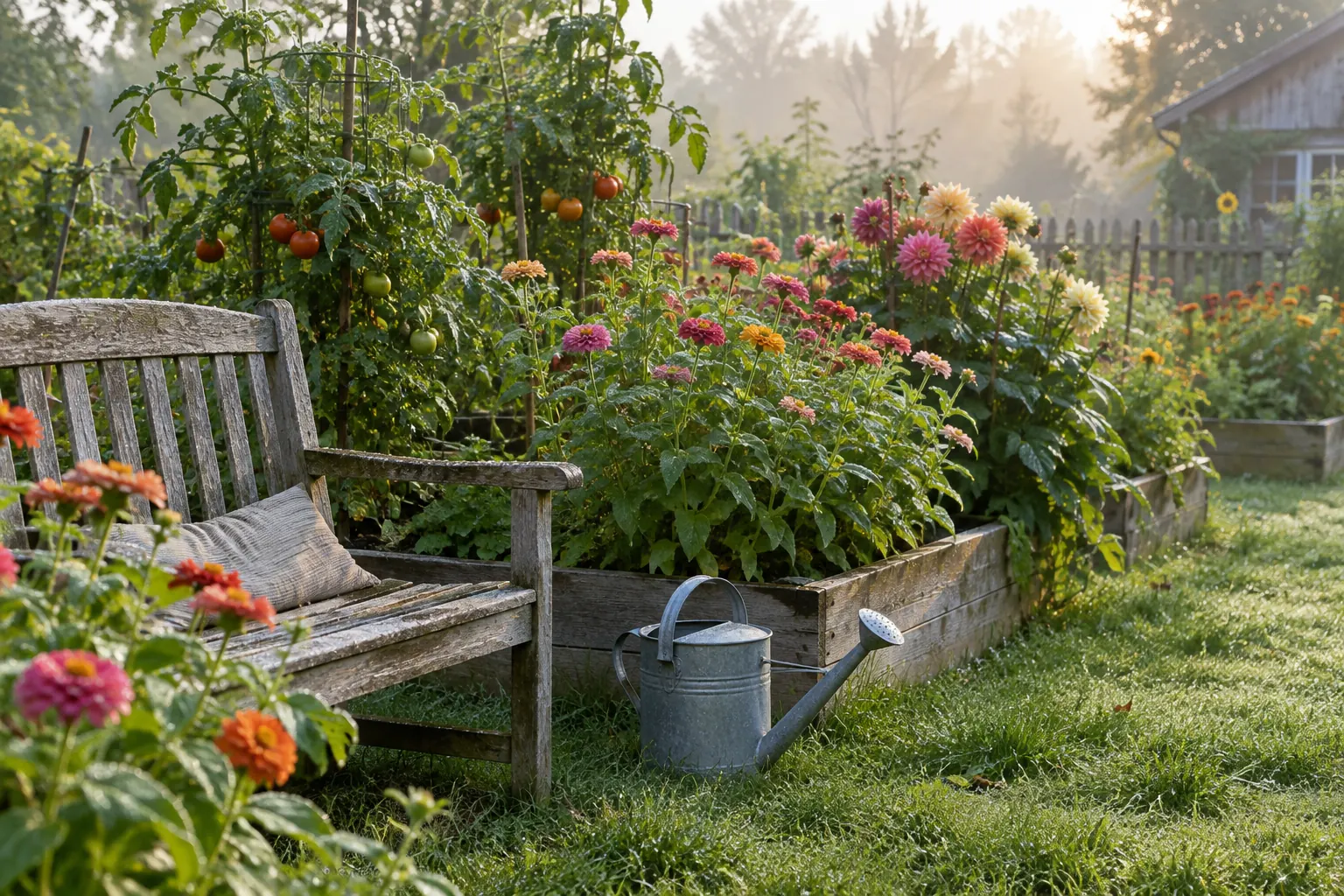 A garden bench beside raised beds of tomatoes, zinnias and dahlias