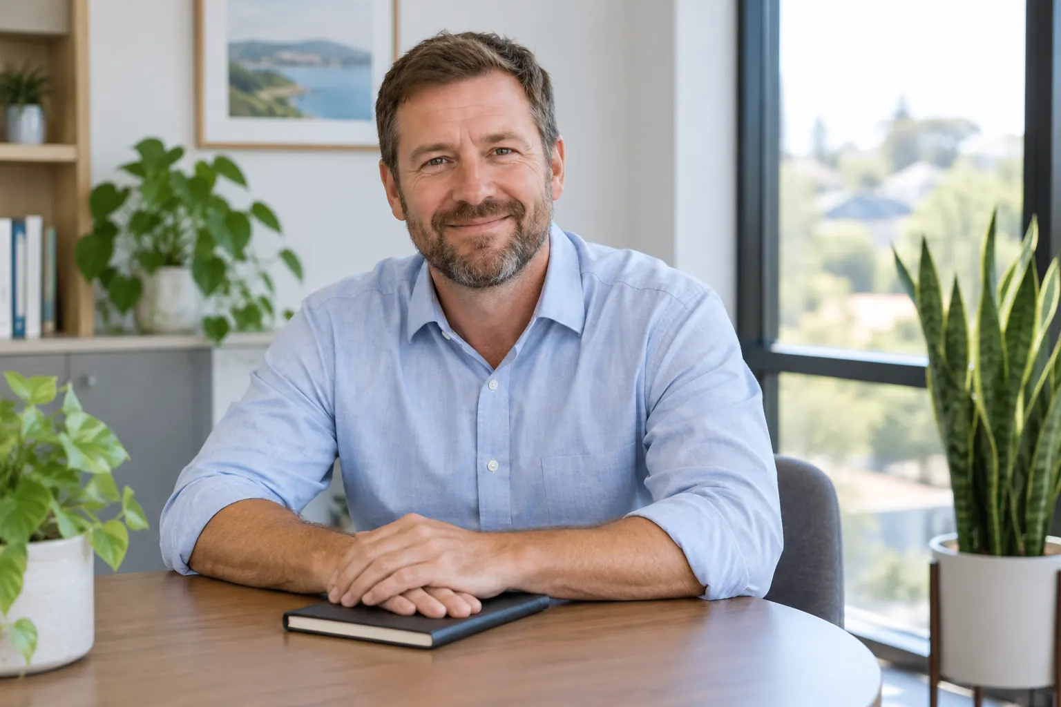 Ben Lindqvist at a table in his Tacoma office