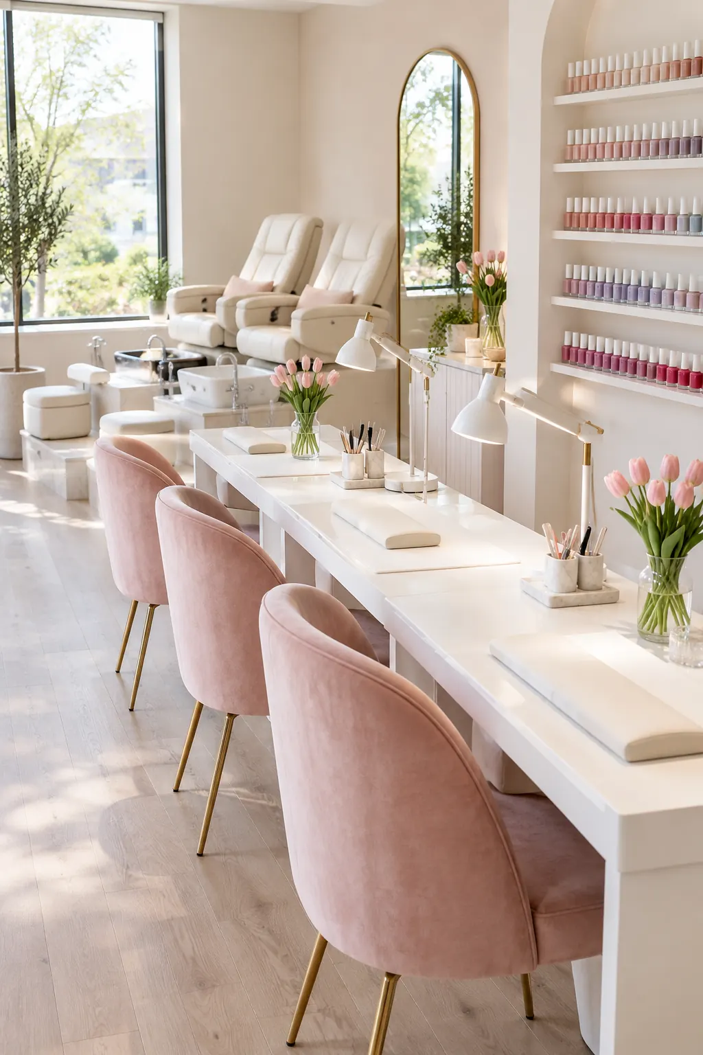 A bright nail studio with pink velvet chairs and a wall of polish