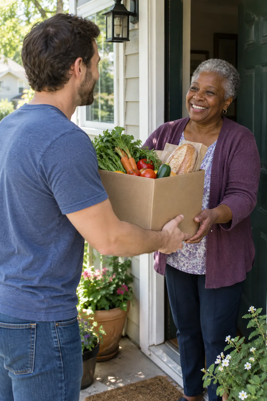 A volunteer handing a box of groceries to a smiling older woman at her front door