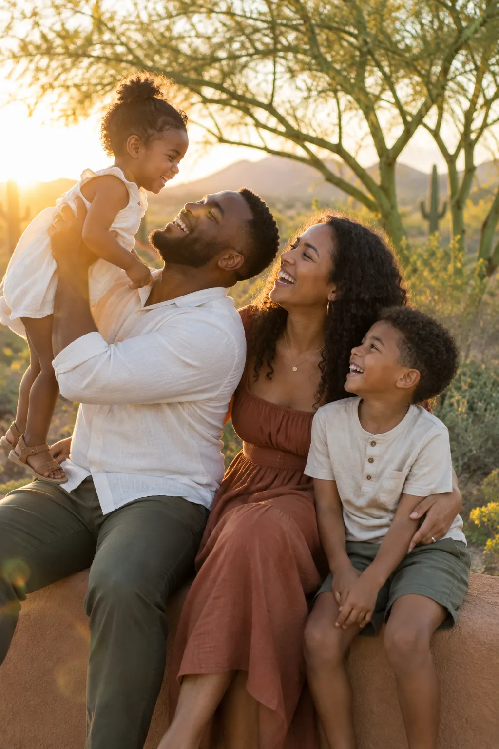 A family of four laughing together on an adobe wall at sunset