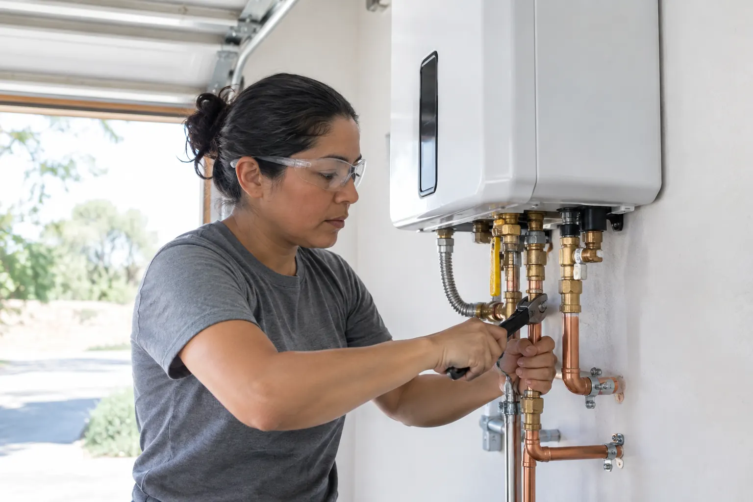 A plumber connecting copper pipes to a new tankless water heater