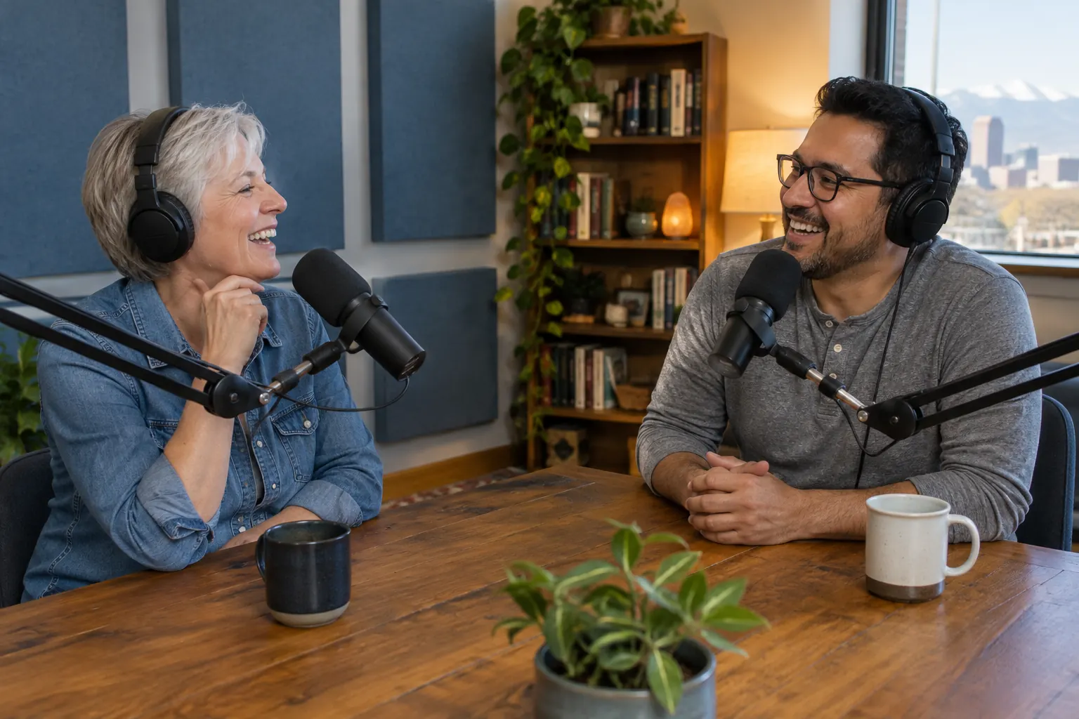 Hosts Carol Jensen and Diego Ramirez laughing at their microphones