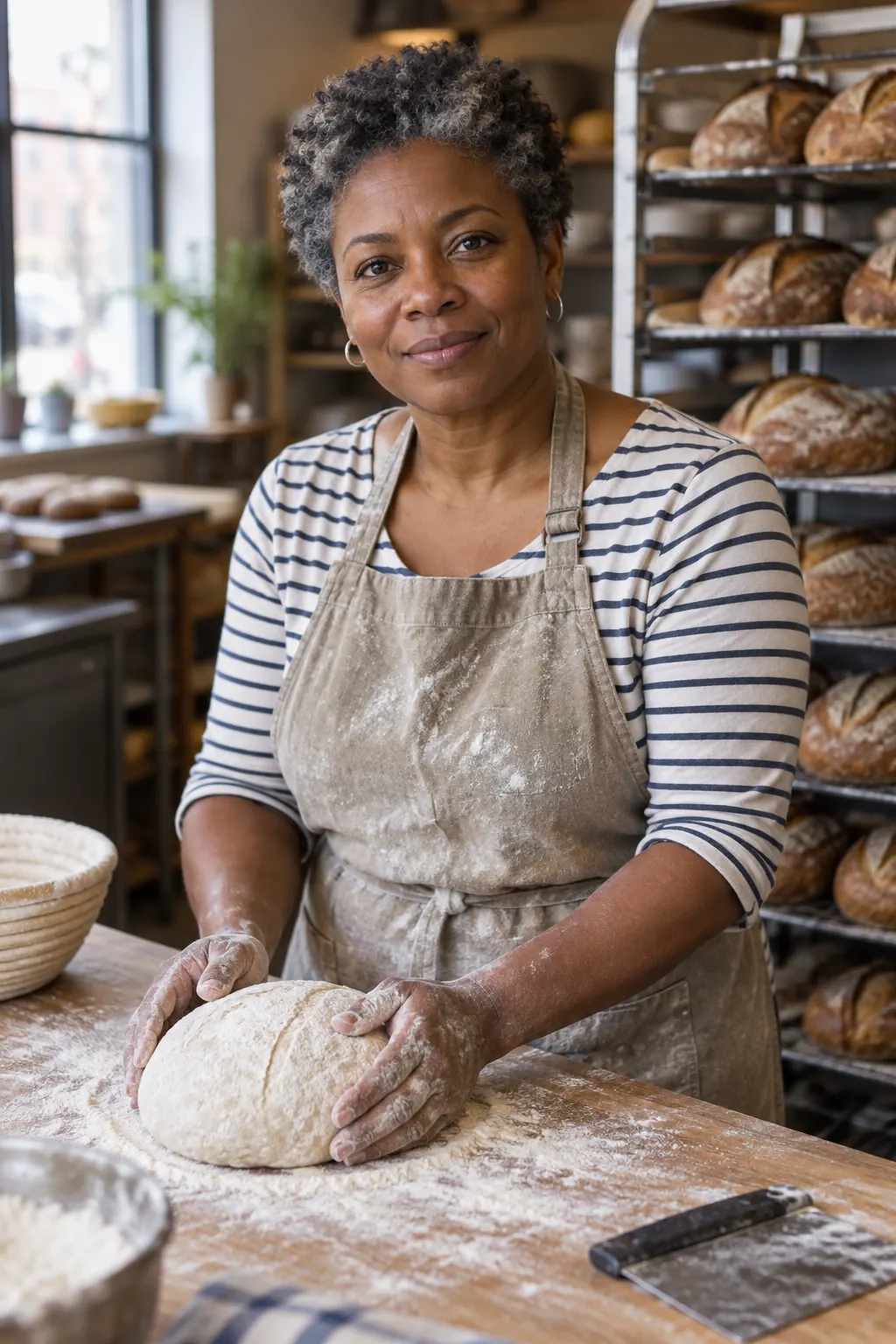 Baker Denise Holloway holding a loaf of sourdough in her bakery
