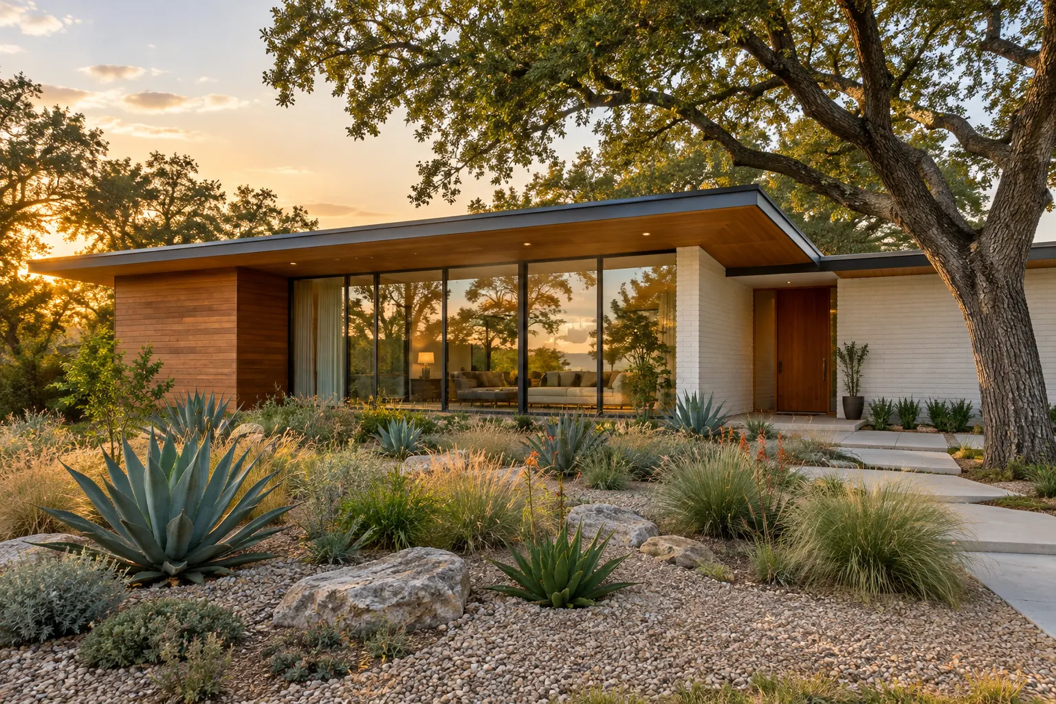 Mid-century modern house with walls of glass under live oaks