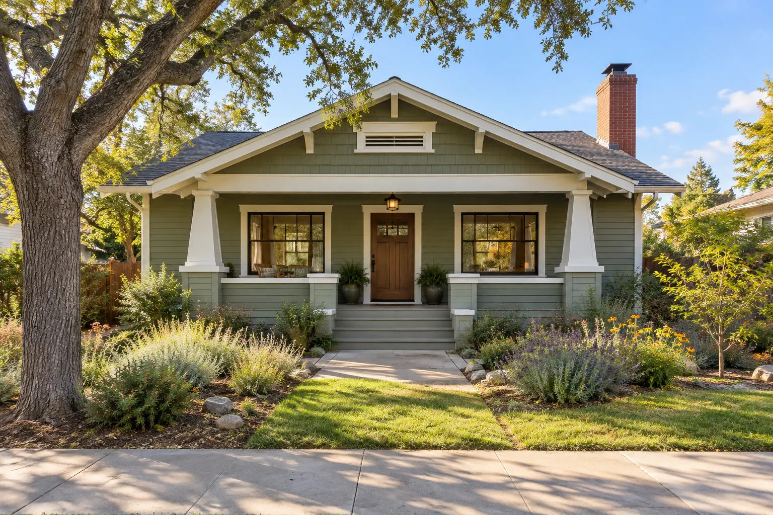 Sage green craftsman bungalow with a deep front porch