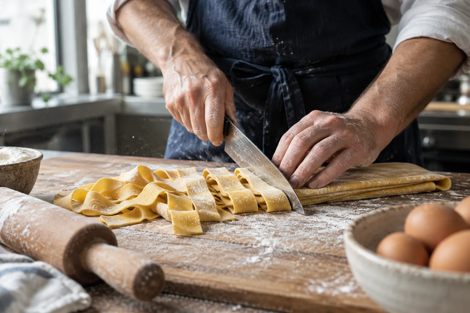 A cook cutting fresh pappardelle on a floured wooden board