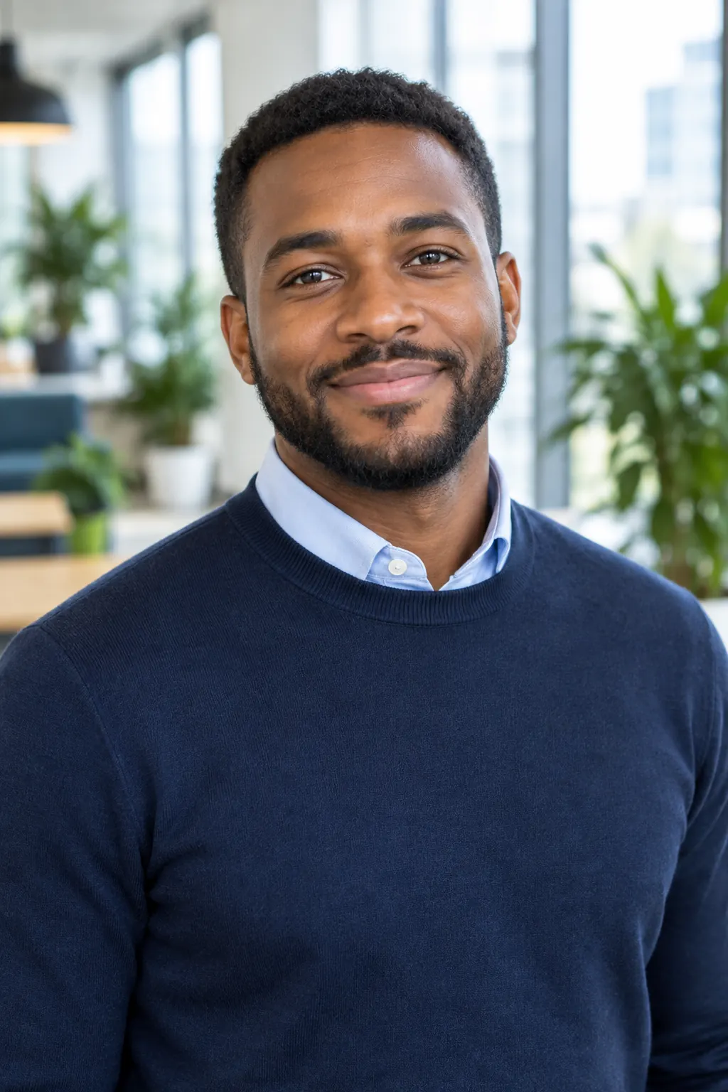 Daniel Okafor in a navy sweater in a bright office