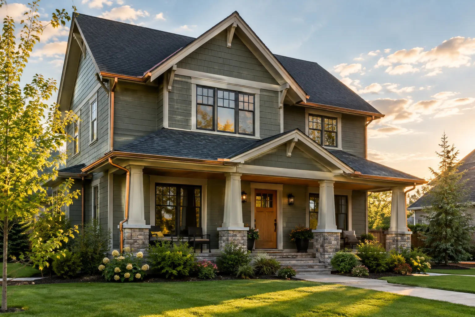 A craftsman house with a new charcoal shingle roof