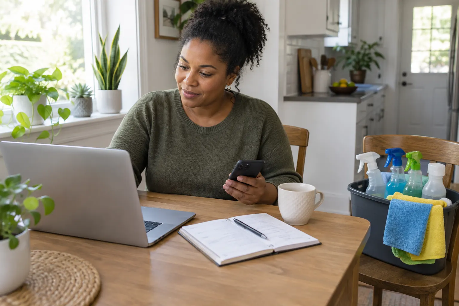 A cleaning company owner planning the week at her kitchen table