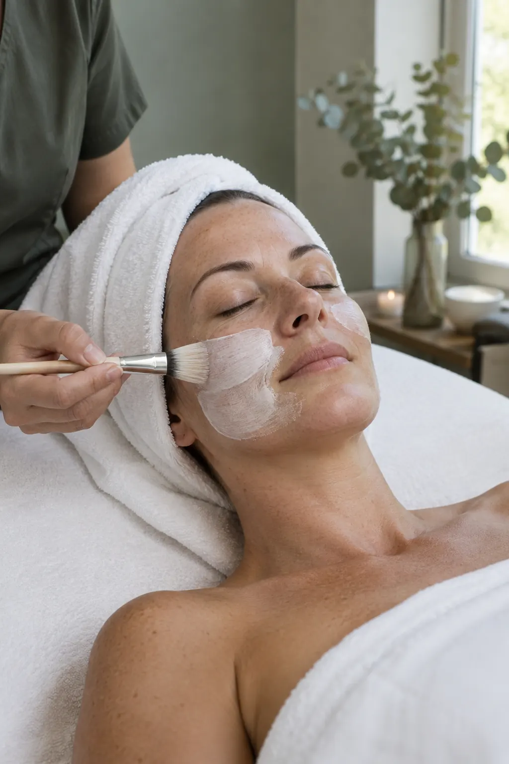 A woman relaxing with a face mask during a facial