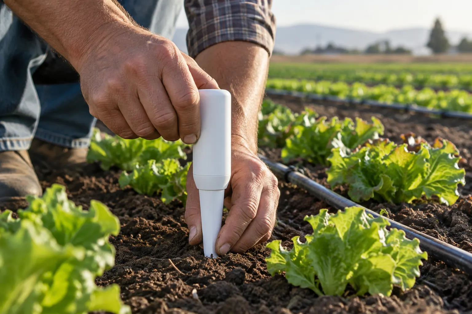A farmer pushing a white soil sensor into a bed of young lettuce