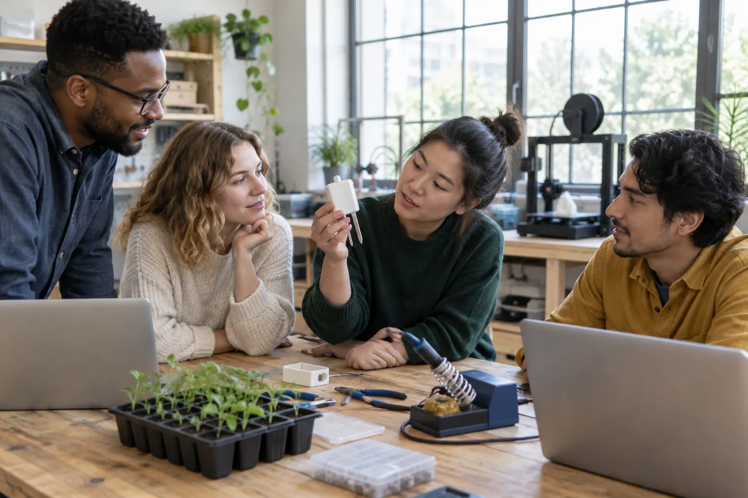Four people looking at a small white sensor prototype in a workshop