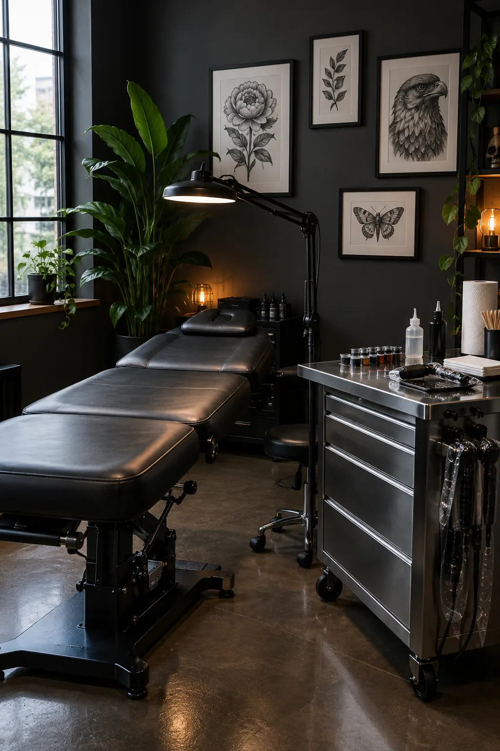 A dark tattoo room with framed flash drawings and a black client bed