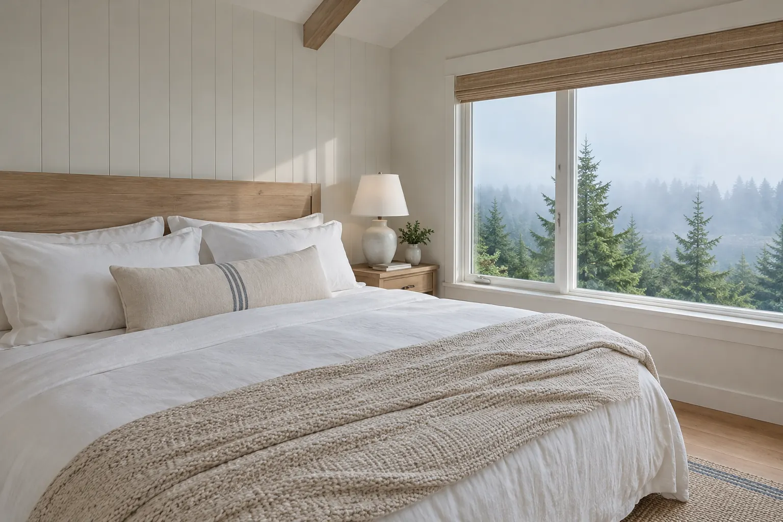 Bedroom with a king bed in white linen and a window onto misty trees